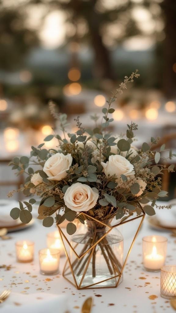 A wedding table setting featuring gold geometric shapes and sage greenery with candles.