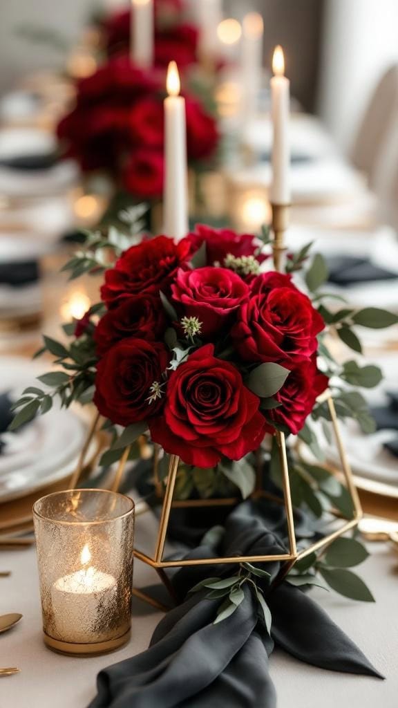 A table set with deep red roses in a gold geometric arrangement, candles, and elegant tableware.