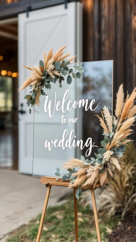 A gold welcome sign with sage green eucalyptus accents, elegantly displayed at a wedding venue.