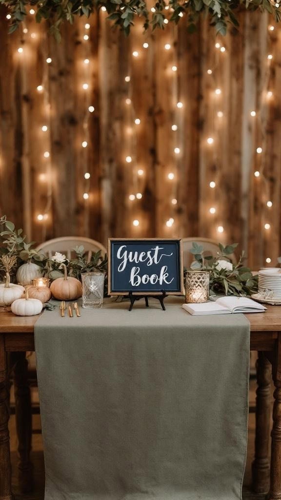 A guest book table decorated with sage green and navy blue elements, featuring framed signs and candles.