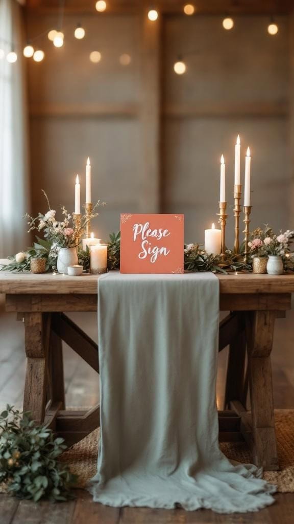 A guest book table decorated with coral accents, twinkly lights, and floral arrangements.