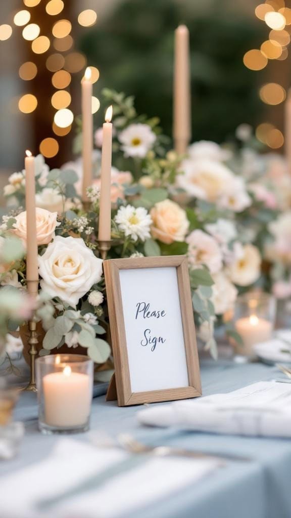 A beautifully arranged guest book table with dusty blue linen, beige accents, flowers, candles, and a sign that says 'Please Sign'.