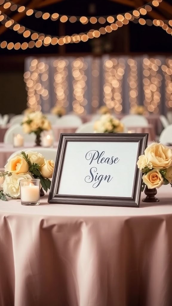 Guest book table with dusty pink cloth, navy frame sign, and yellow roses