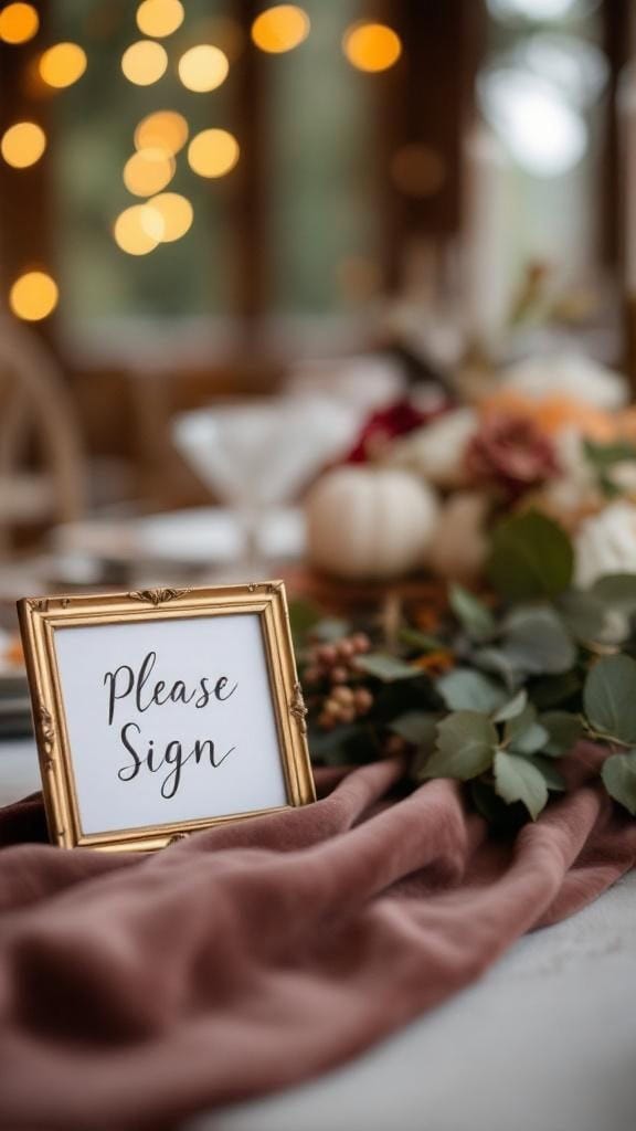 Guest book table featuring a gold frame with 'Please Sign' and rosewood accents.
