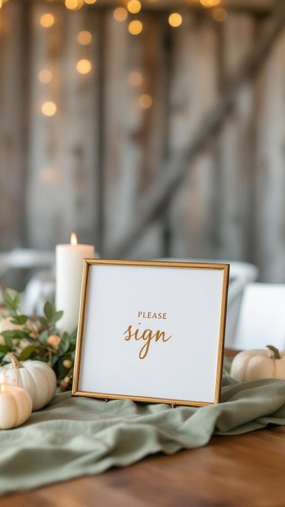Guest book table with gold frame sign and sage green accents, featuring pumpkins and a candle.