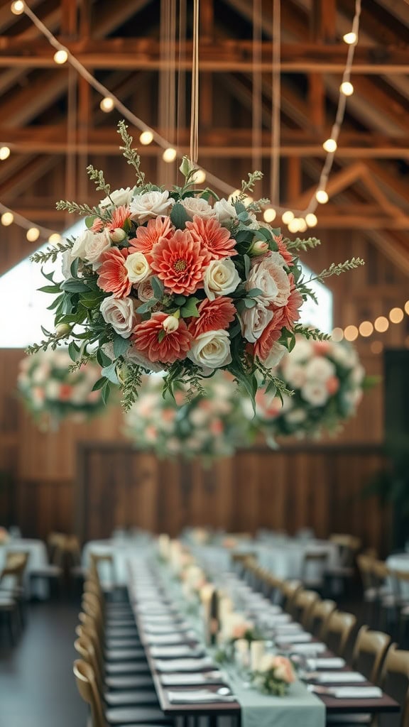Hanging floral arrangements in coral and sage green at a wedding venue