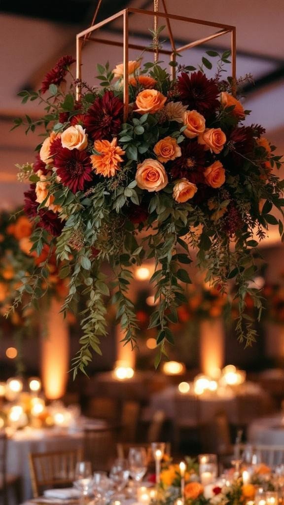 Hanging floral installation featuring burgundy and orange blooms with greenery