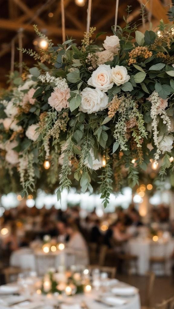 Hanging floral arrangement with roses and greenery, accented with navy blue ribbons, in a wedding venue.
