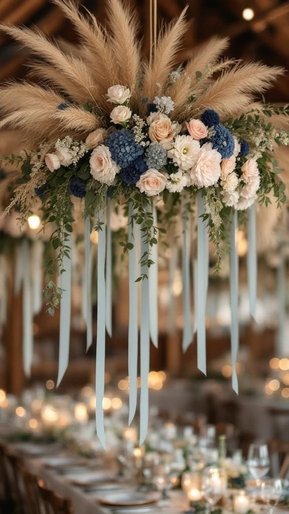 Hanging installation featuring beige pampas grass and dusty blue ribbons in a rustic wedding venue
