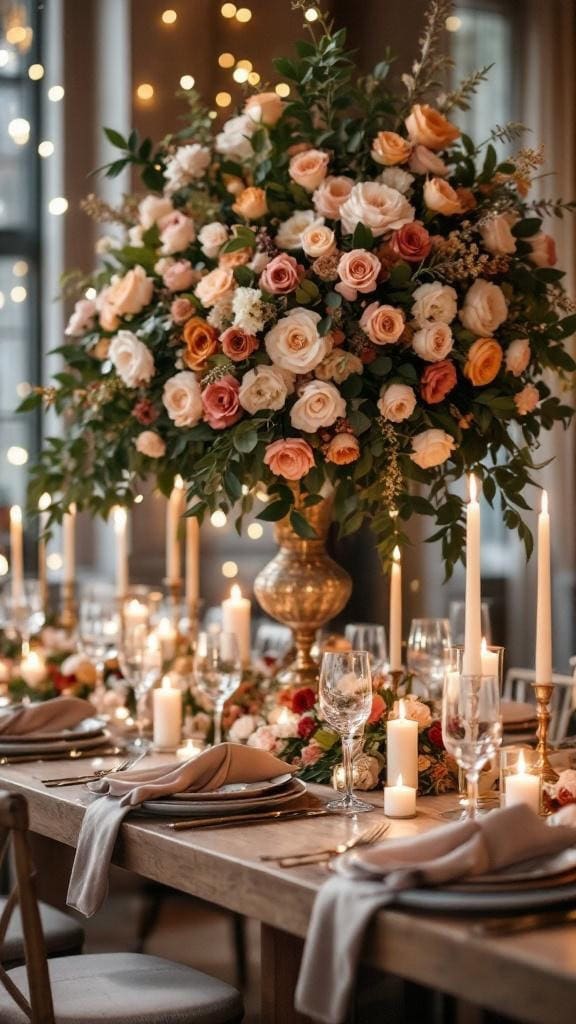 Head table decorated with rosewood florals and gold votives for a fall wedding.
