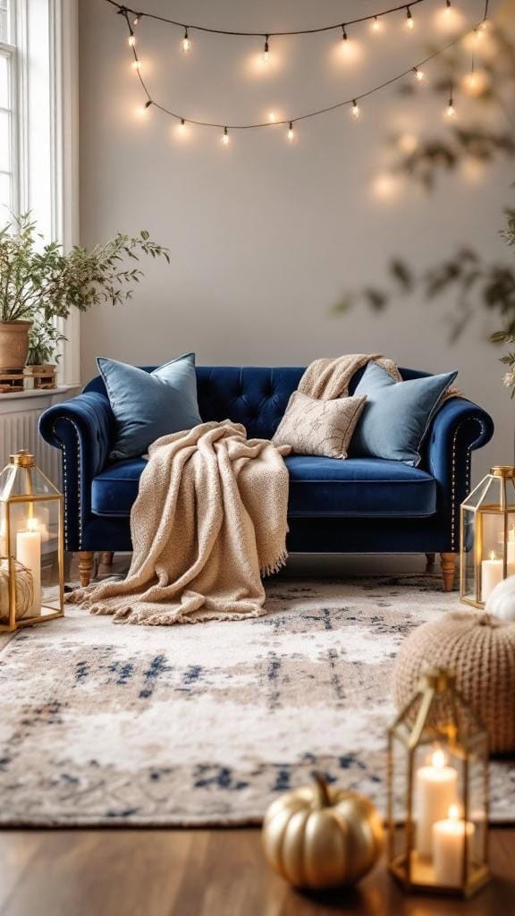Cozy lounge area featuring a navy sofa with dusty blue pillows, a warm throw, floral arrangement, and a patterned rug.