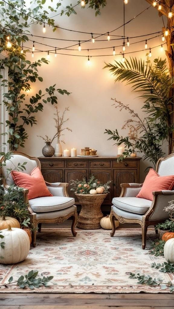 Cozy lounge setup with coral pillows, sage greenery, and pumpkins for a fall wedding.