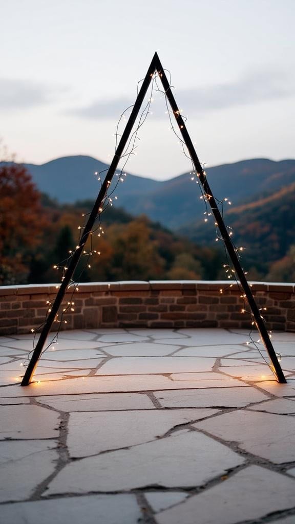 A minimalist triangle wedding arch adorned with twinkle lights on a stone patio, set against a backdrop of mountains and autumn trees.