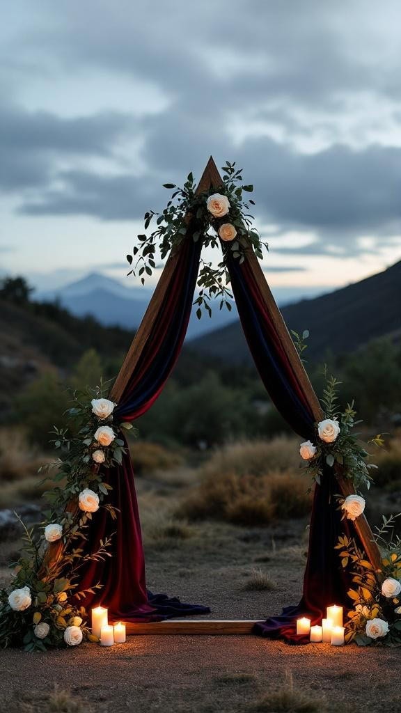 A triangle wedding arch with burgundy and navy velvet draping, adorned with white roses and candles.