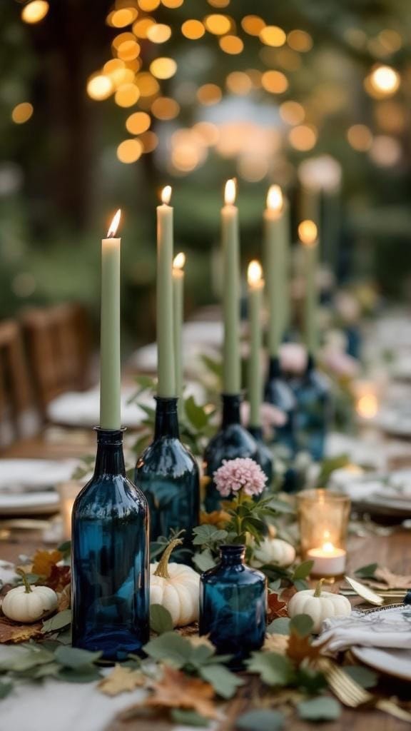 A table centerpiece with navy blue bottles, sage taper candles, white pumpkins, and autumn leaves.