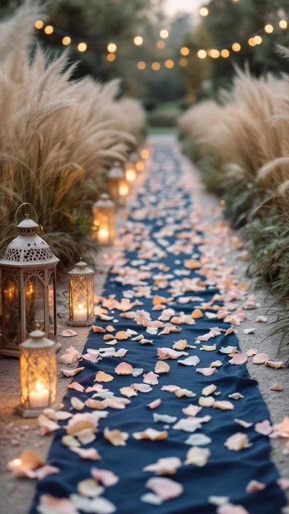 Navy ceremony aisle decorated with dusty blue petals and beige lanterns