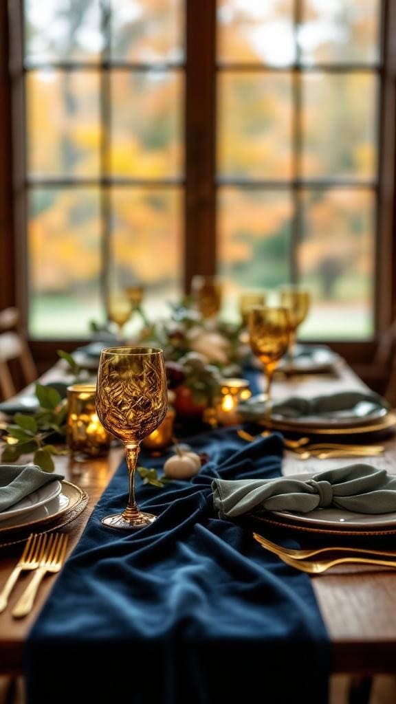 A beautifully set table featuring a navy velvet table runner, sage green napkins, white plates, and a floral centerpiece, with natural light coming through the windows.