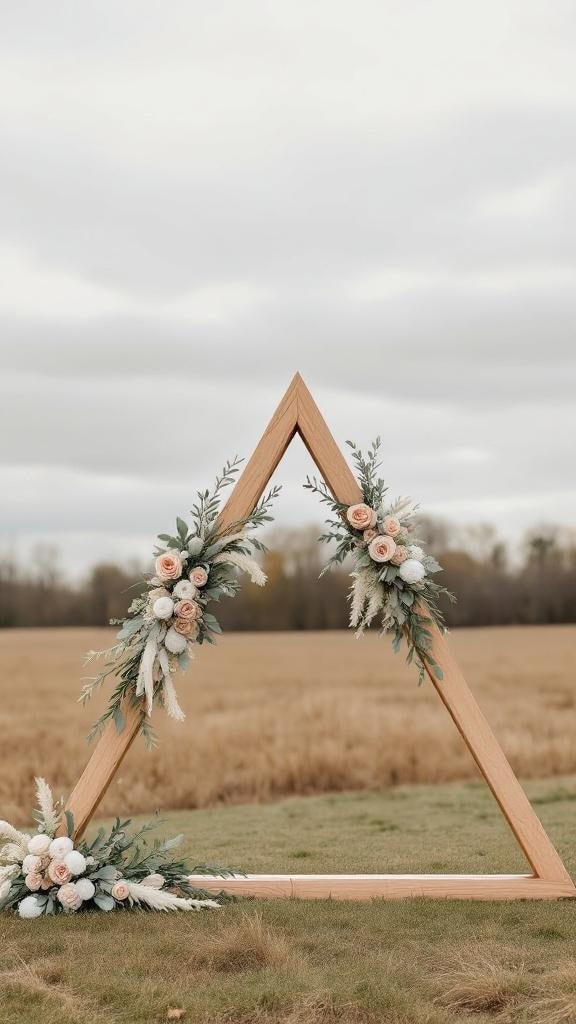 A double triangle wedding arch decorated with neutral fall florals and greenery.