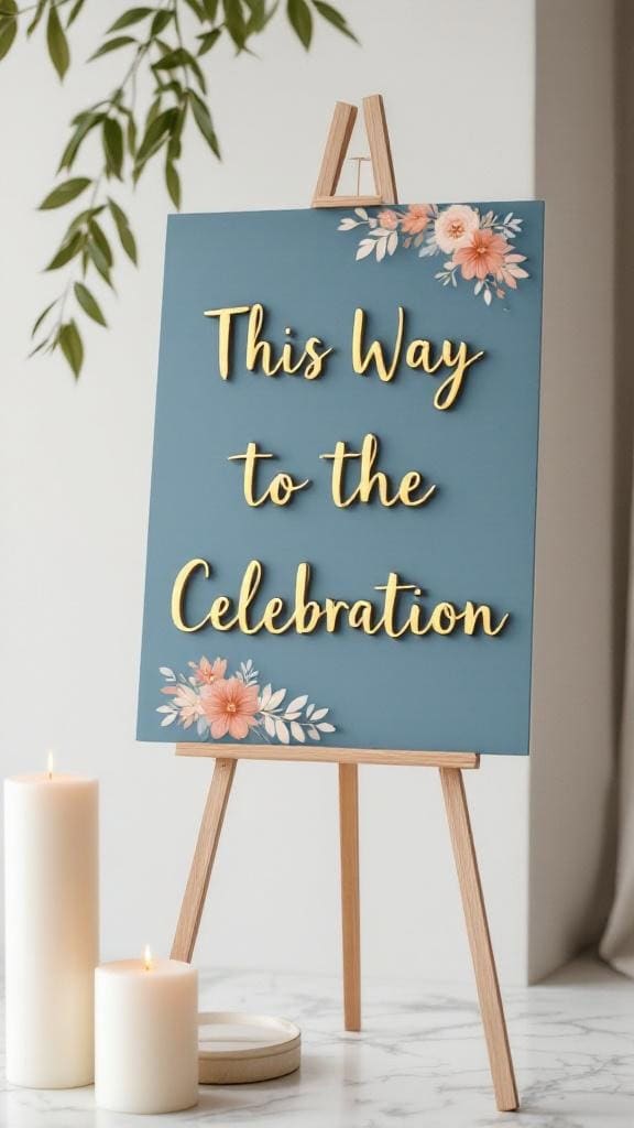 Reception entry sign with dusty blue background and russet orange colorblock design, featuring golden text and floral accents.