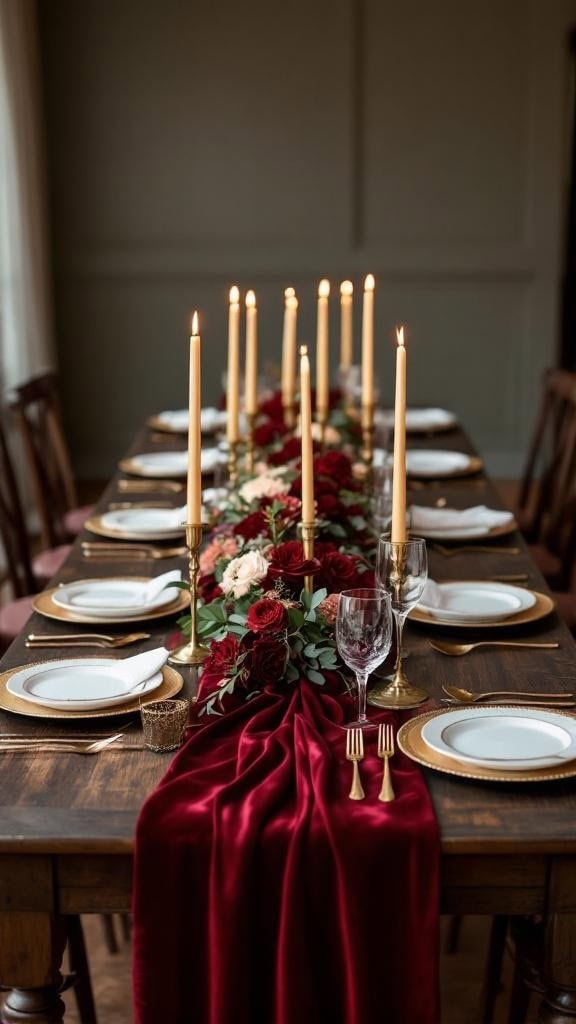 Reception table decorated with a deep red runner, gold chargers, white plates, and candles