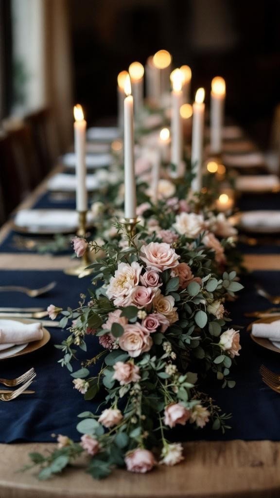 Reception table decorated with navy tablecloth and dusty pink floral garland