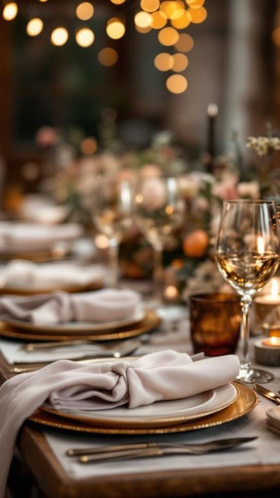 A beautifully set reception table featuring rosewood napkins and gold-rimmed plates, adorned with soft lighting and floral arrangements.