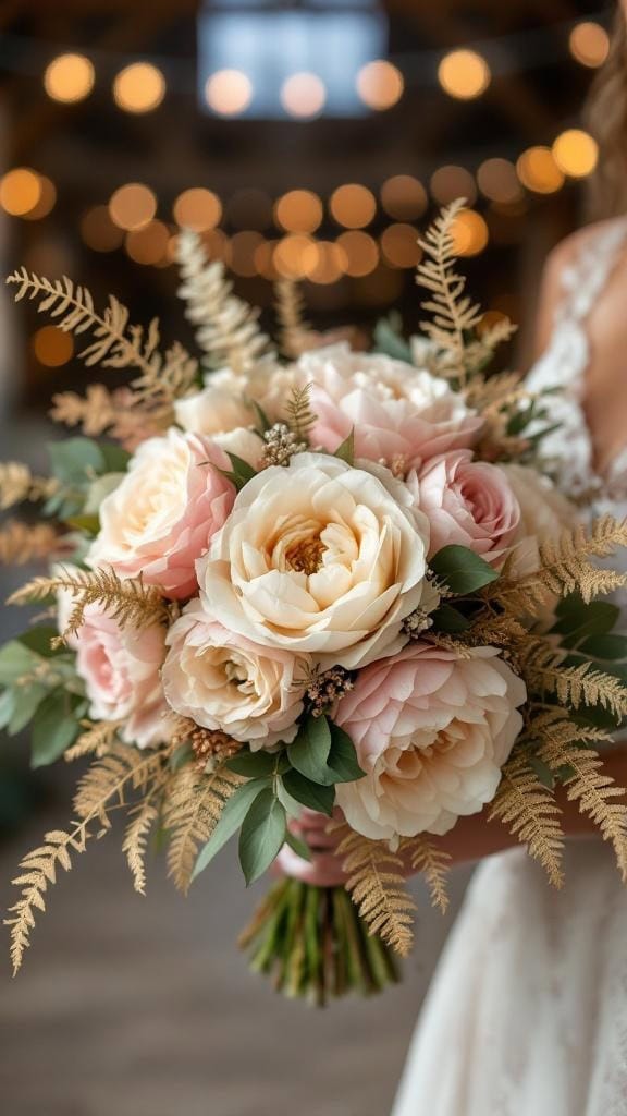 A bouquet featuring deep red dahlias, soft roses, and gold dried leaves.
