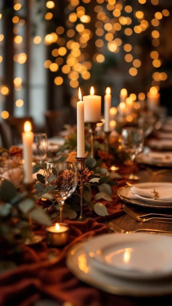 Rosewood velvet table runner with gold flatware and candles on a wedding table