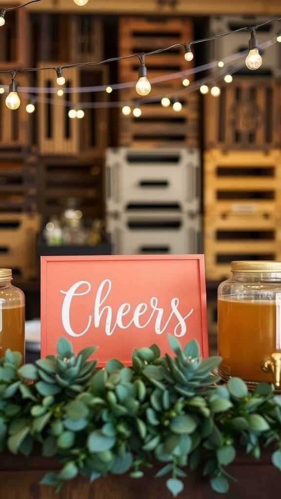 Rustic drink station with a coral 'Cheers' sign and sage greenery, featuring glass jars and string lights.