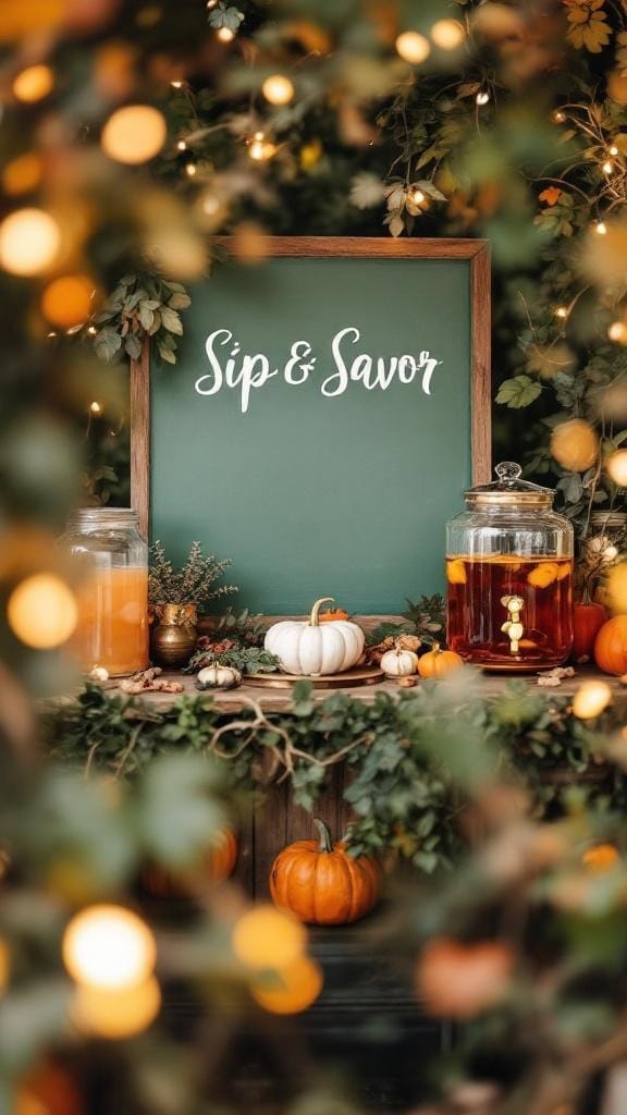 Rustic drink station with sage green sign and gold touches, featuring beverages, pumpkins, and greenery.