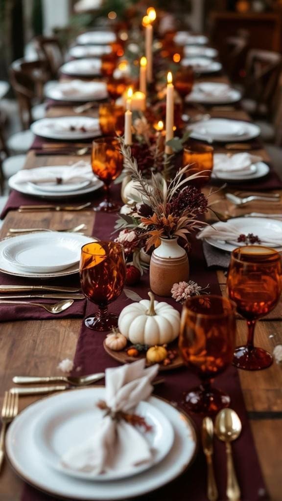 A rustic reception table featuring burgundy runners, orange glassware, white plates, and decorative elements like mini pumpkins and candles.