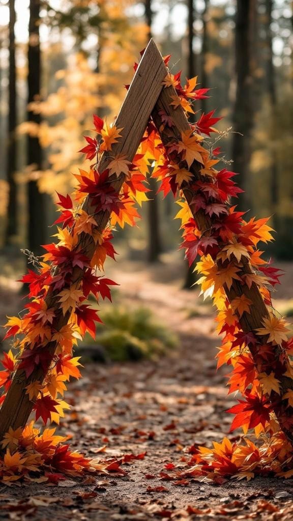 Rustic wood triangle arch decorated with fall leaves garland, surrounded by pumpkins and hay bales in a forest setting.