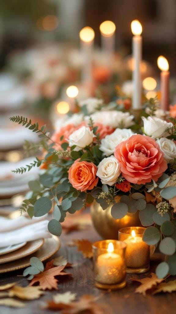 Sage and coral wedding centerpieces with gold details, featuring roses and greenery in elegant vases.