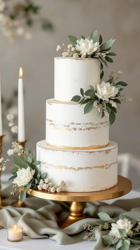 Three-tiered wedding cake with gold accents and fresh flowers on a gold cake stand