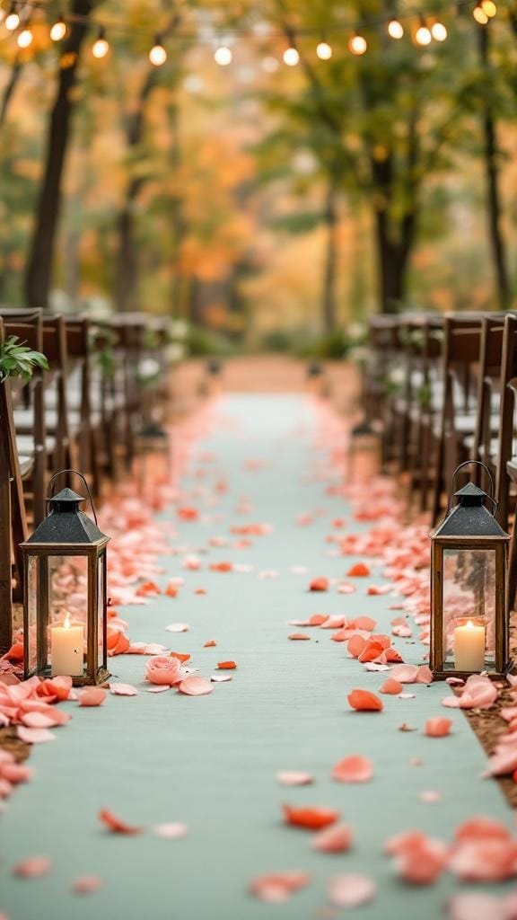A sage green aisle runner decorated with coral petals and lanterns for a fall wedding.