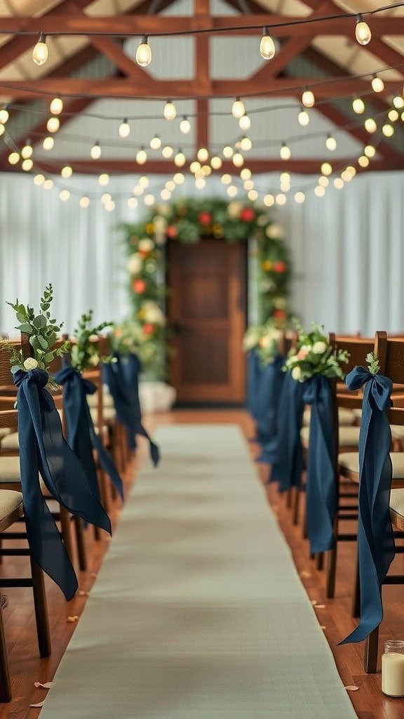 A wedding aisle featuring a sage green runner and navy ribbons on chairs, illuminated by string lights.