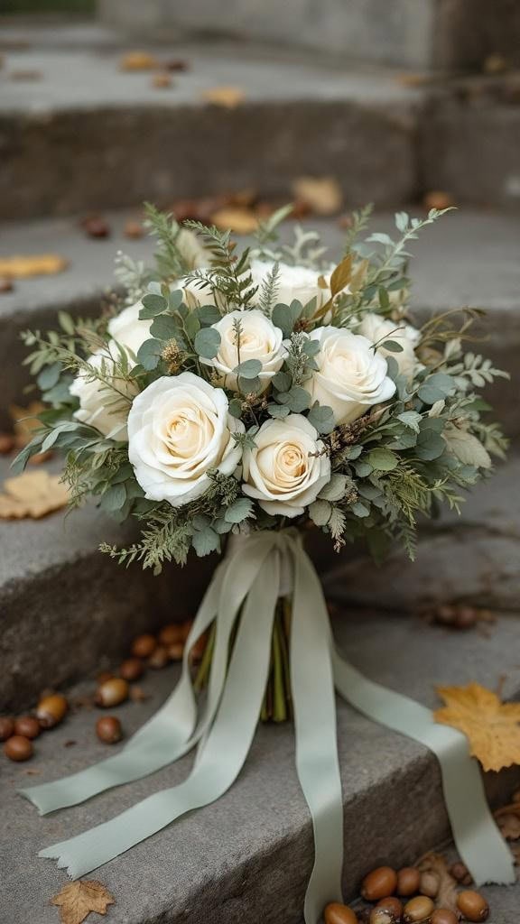 A bridal bouquet featuring creamy roses, eucalyptus, and ferns, tied with sage green ribbons, resting on stone steps with autumn leaves.