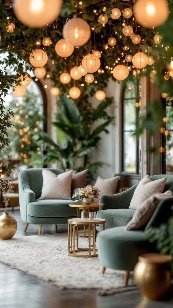 A cozy lounge corner featuring sage green velvet seating, golden accents, and soft lighting with hanging lanterns.