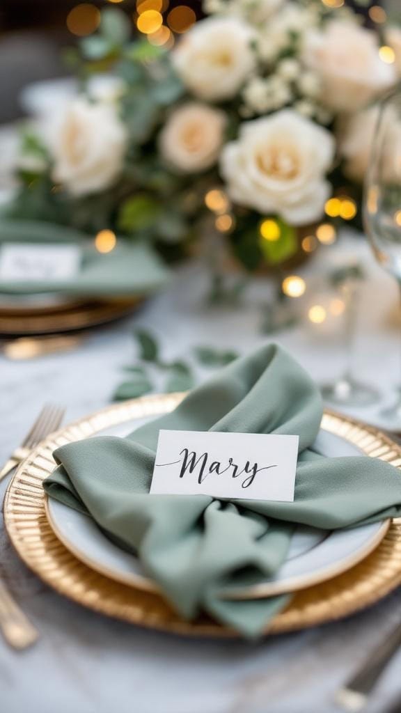 Sage green and gold wedding place setting with neutral florals and twinkling lights