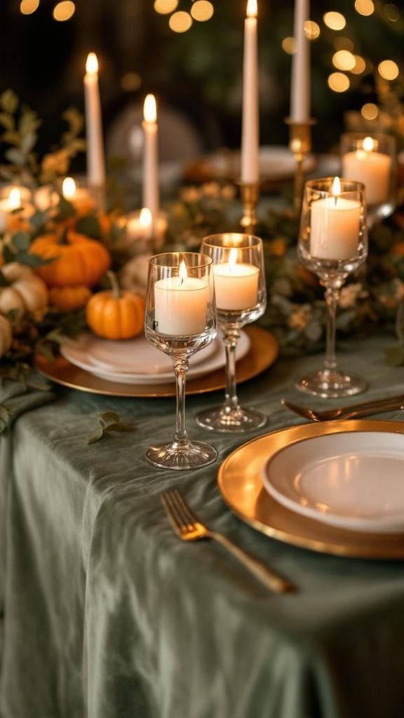 Sage green and gold sweetheart table with candles, pumpkins, and elegant tableware
