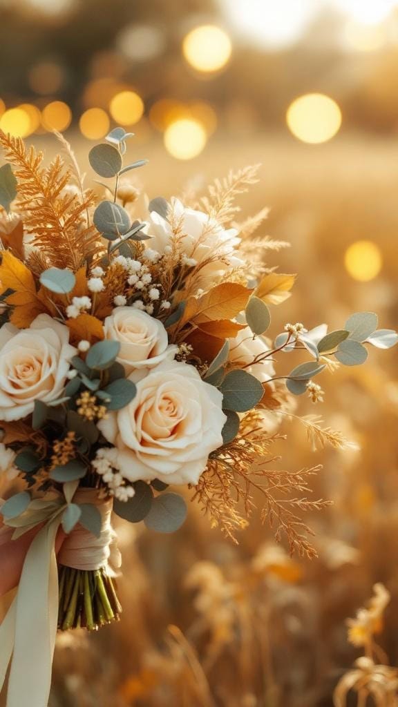 A beautiful sage green bridesmaid bouquet featuring creamy roses and gold accents, set against a warm, autumn background.