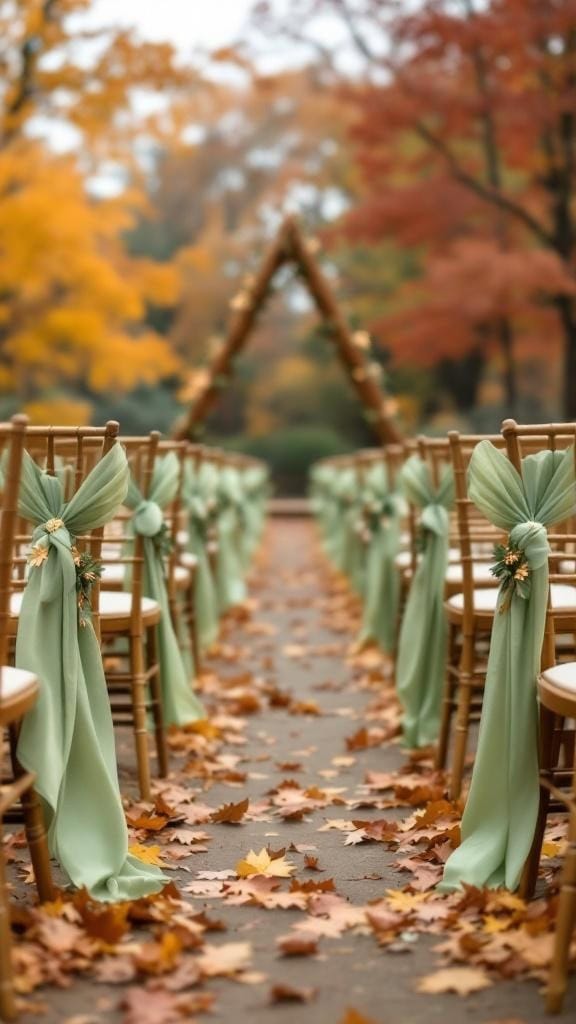 Chairs adorned with sage green sashes and gold pins, set against a backdrop of fall foliage.