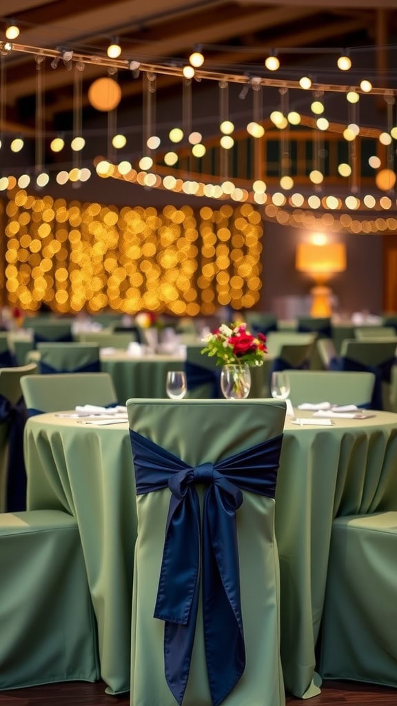 Sage green cocktail tables with navy sashes and floral centerpieces in a wedding setting.
