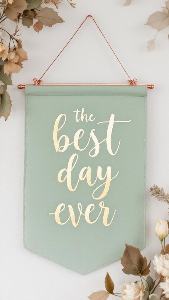 Sage green fabric sign with gold text saying 'the best day ever', surrounded by dried flowers.