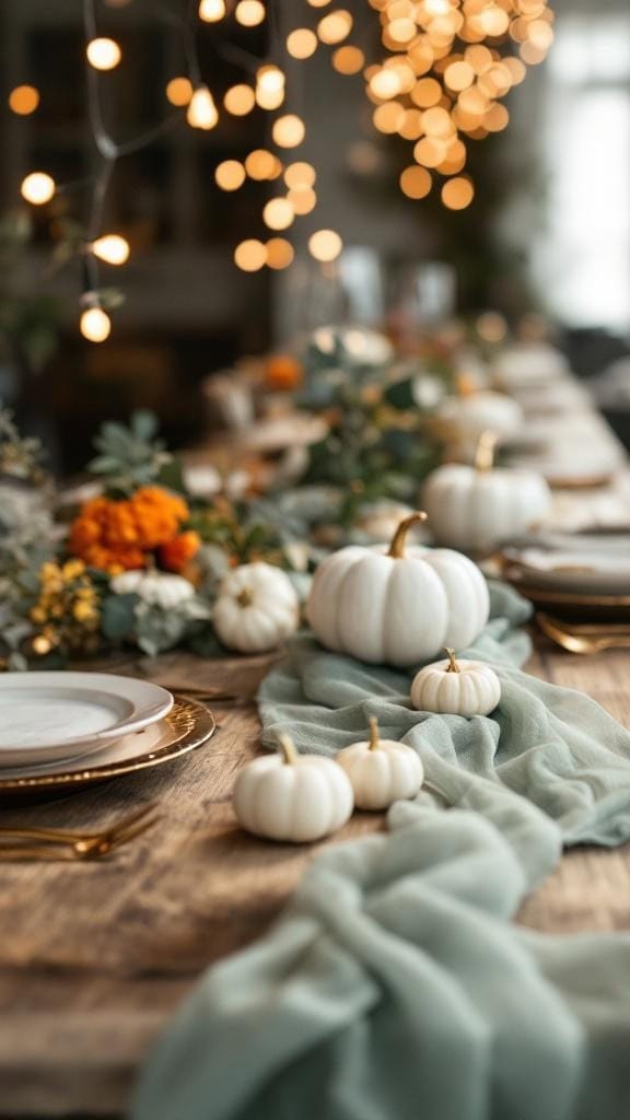 A fall wedding table setting with a sage green gauze table runner, gold flatware, white pumpkins, and twinkling lights.
