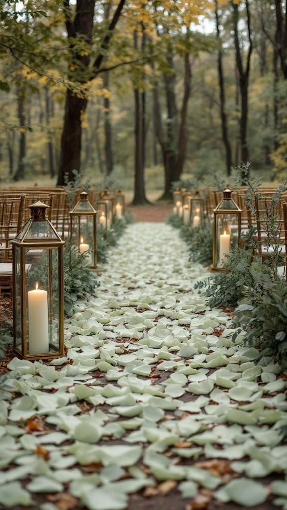 A wedding aisle decorated with sage green petals and gold lanterns in a forest setting.