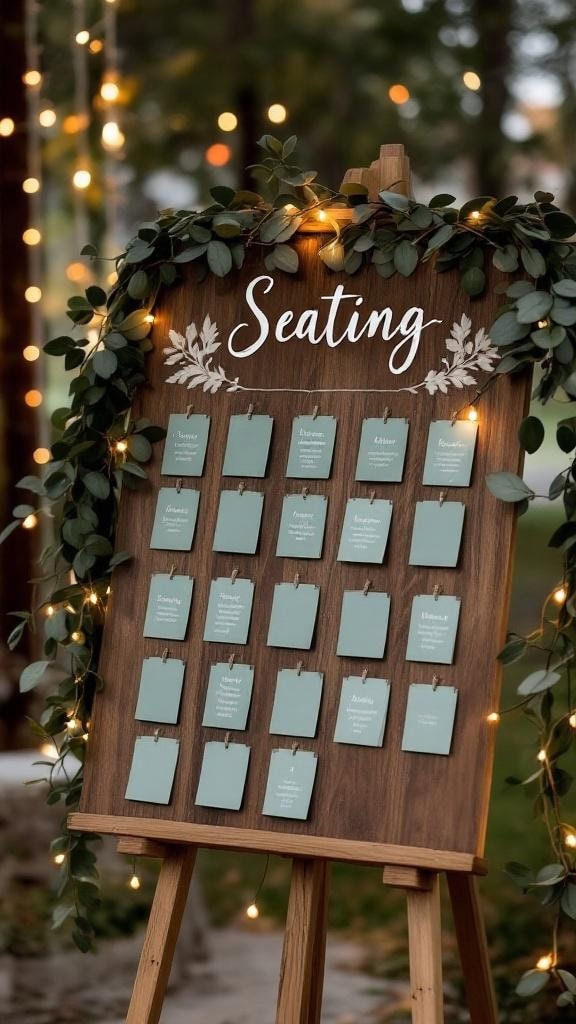 Sage green seating cards with navy ink displayed on a wooden board surrounded by greenery and lights.