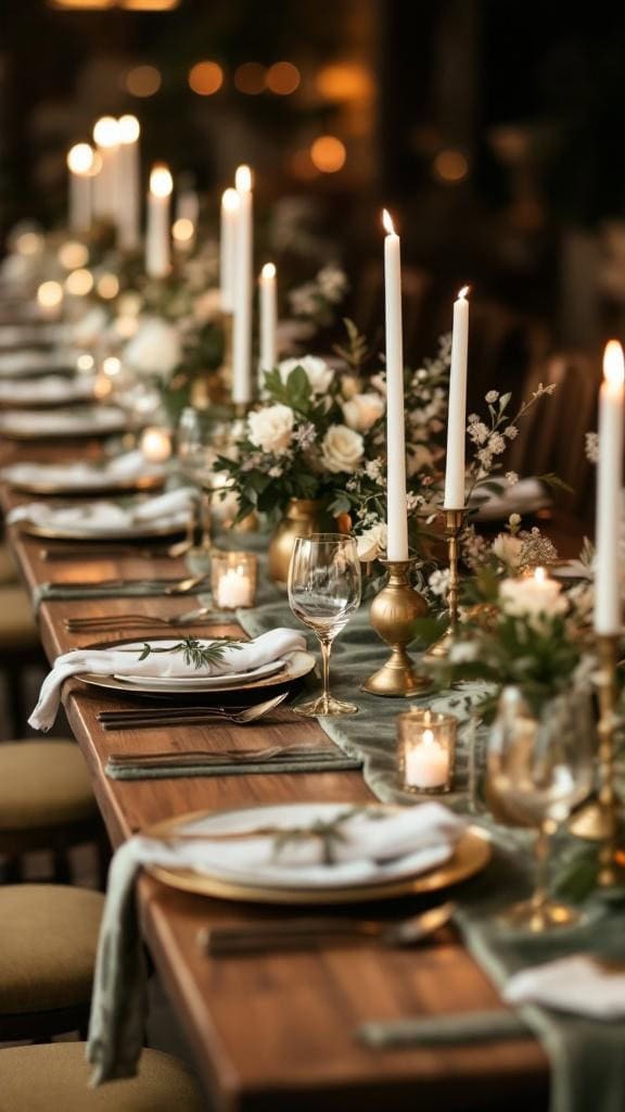 Elegant table setting with sage green velvet runners and gold chargers, featuring candles and floral arrangements.