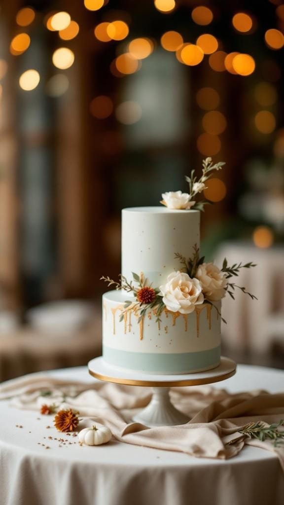 A two-tiered sage green wedding cake with gold leaf accents and floral decorations on a table.
