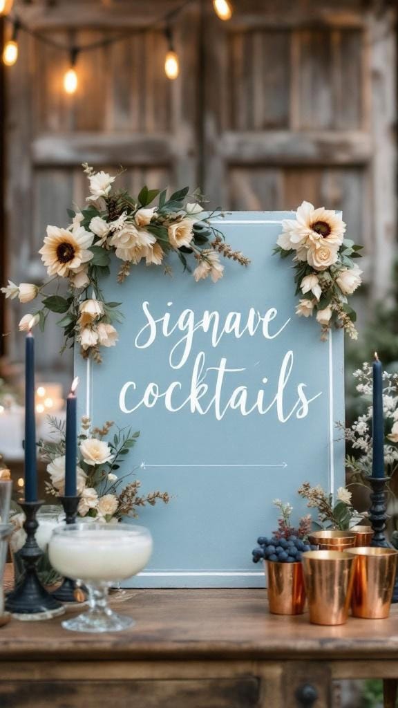 Dusty blue cocktail sign with navy calligraphy surrounded by floral arrangements and copper cups